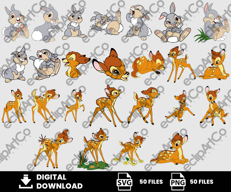50 Clipart - Bambi Svg, Bambi Png, Faline Svg, Flower Svg, Thumper Svg