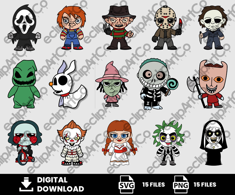 15 Clipart - Halloween Png, Horror Villains Png, Halloween Chibi Svg, Halloween Chibi Png
