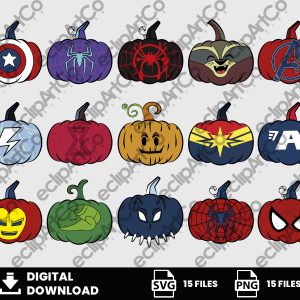 15 Clipart - Painted Superhero Pumpkins Png, Halloween Svg, Pumpkins Svg, Avengers Svg, Horror