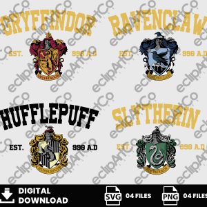 04 Clipart - Hogwarts shields Png, Gryffindor, Hufflepuff, Ravenclaw, Slytherin