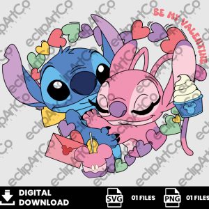 01 Clipart - Valentine Day Stitch and Angel Png, Stitch and Angel Love Png, Valetines Day Png