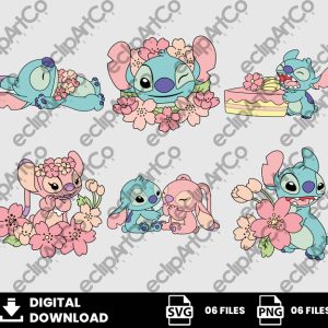 06 Clipart - Valentine's Day Svg, Stitch and Angel Cherry Blossom Svg, Stitch, Angel